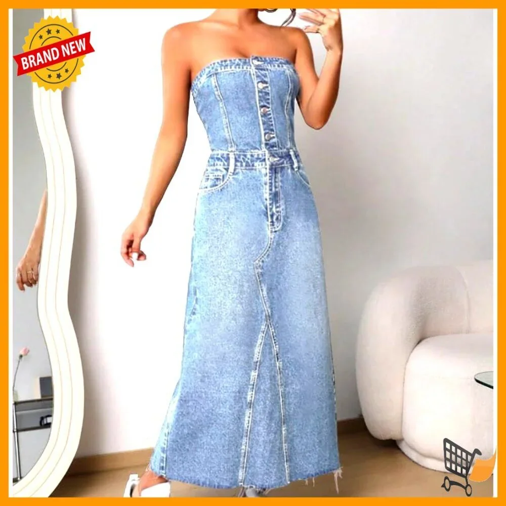 Strapless Denim Midi Dress, Slim Fit, Button Closure, Backless